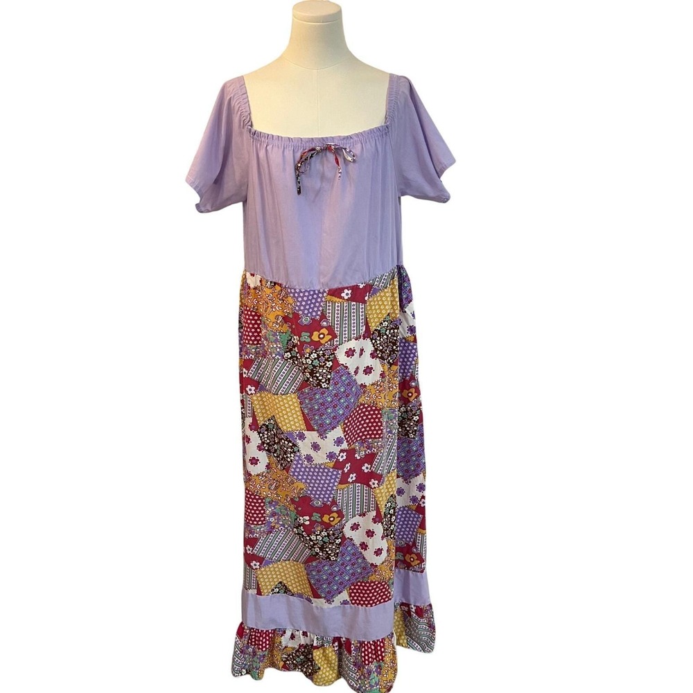 Vintage Patchwork Maxi Dress Boho Peasant Sundress 70s Prairie M